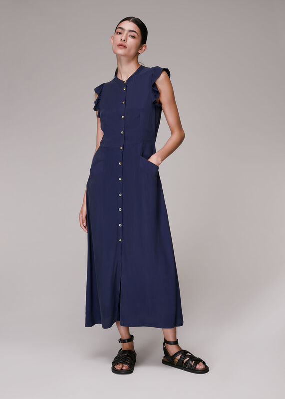 Navy Frill Sleeve Button Dress