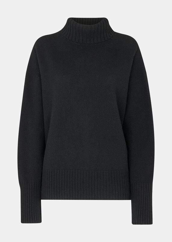 Black Wool Split Back Turtleneck Sweater