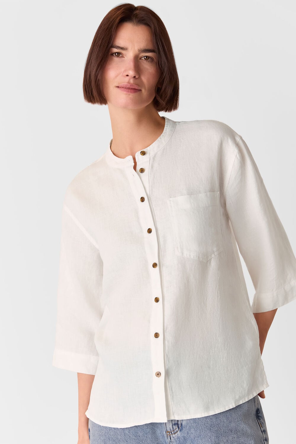 White Linen Grandad Collar Shirt