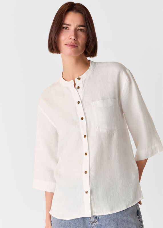 White Linen Grandad Collar Shirt