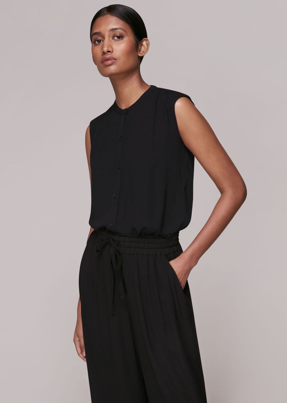 Crinkle Button Front Tank Top