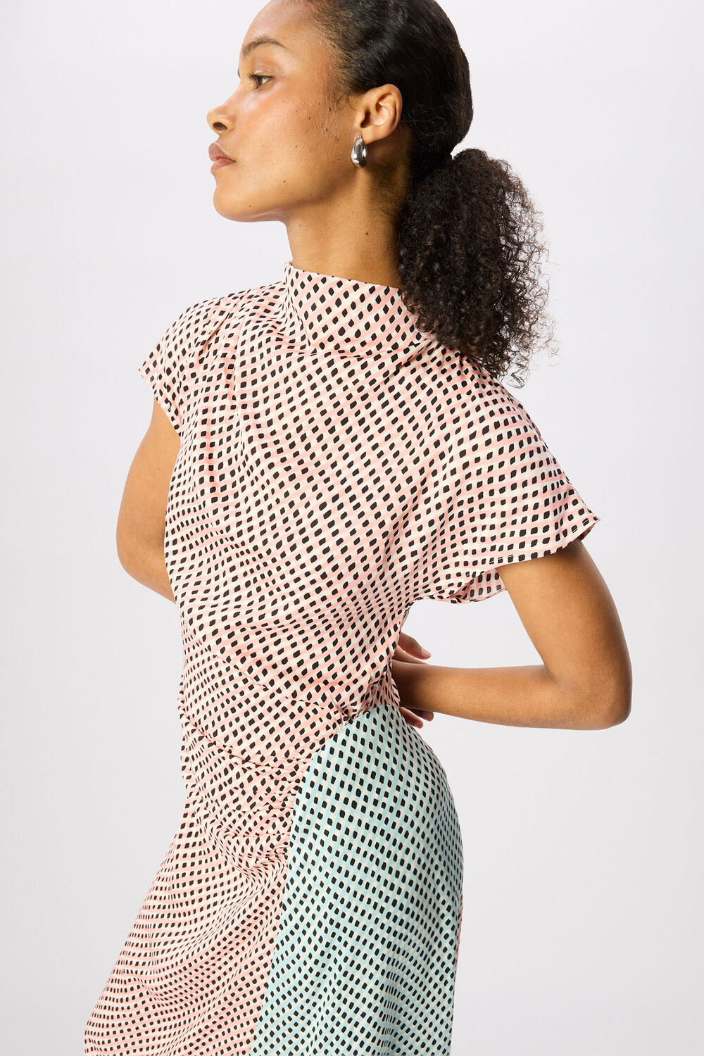 Pink Petite Graphic Check Cowl Neck Dress