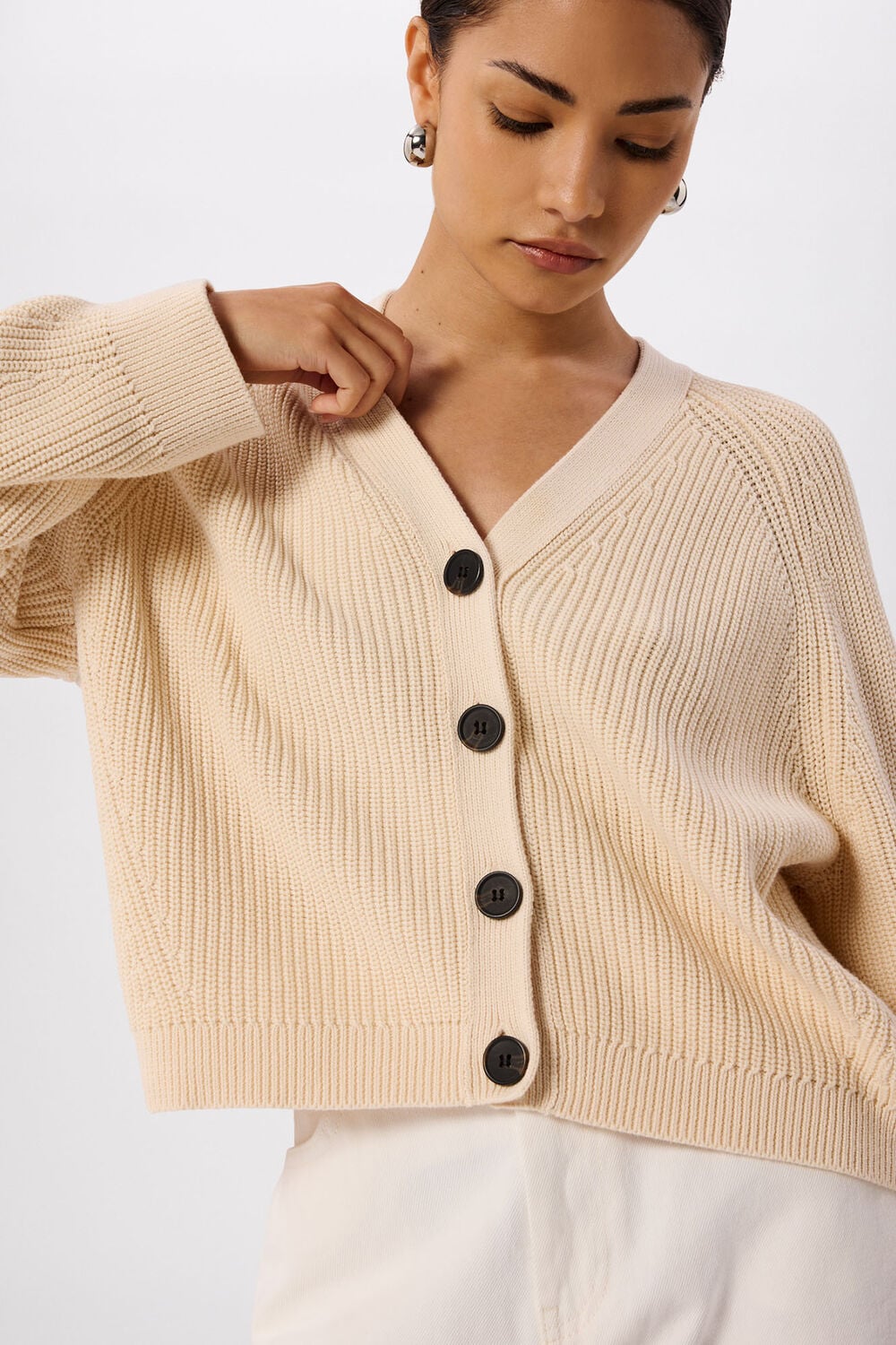 Ivory Petite V Neck Cotton Cardigan
