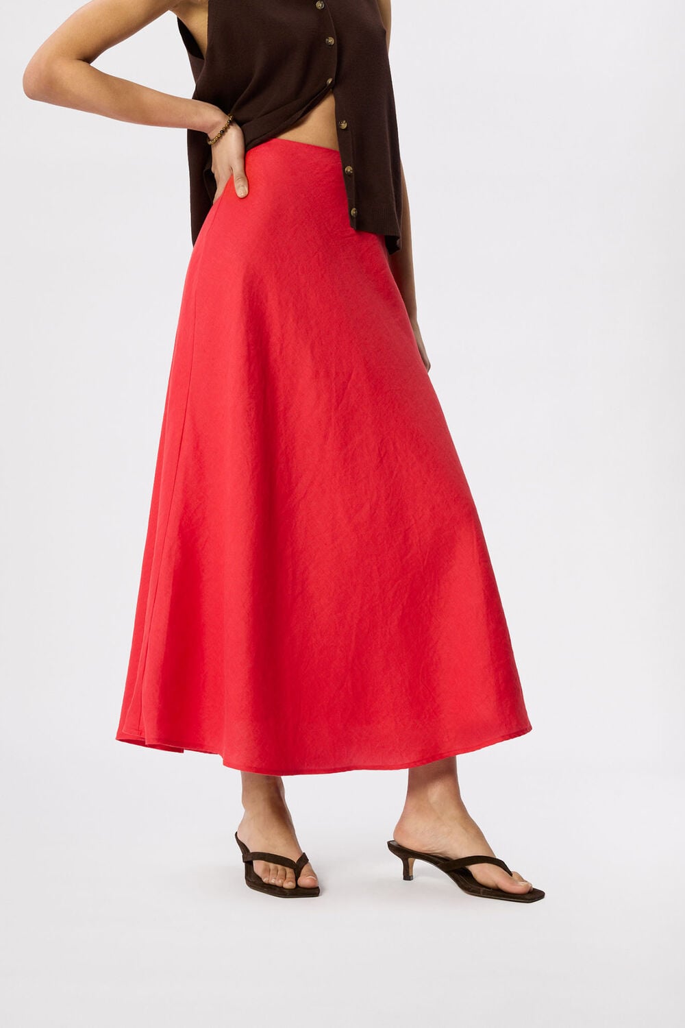 Red Linen Midi Skirt