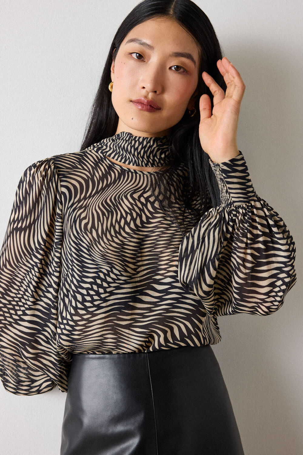 Black Geo Sheer Viscose Cuffed Top