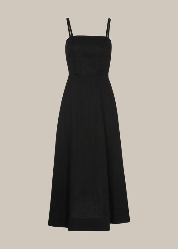 Black Linen Tie Front Strappy Dress