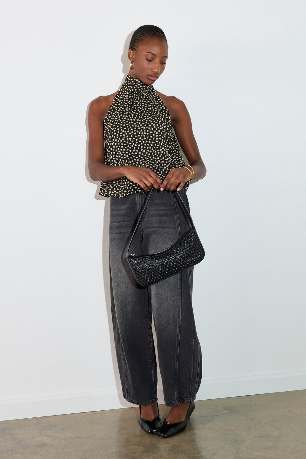 Gold Spot Bubble Hem Halter Top