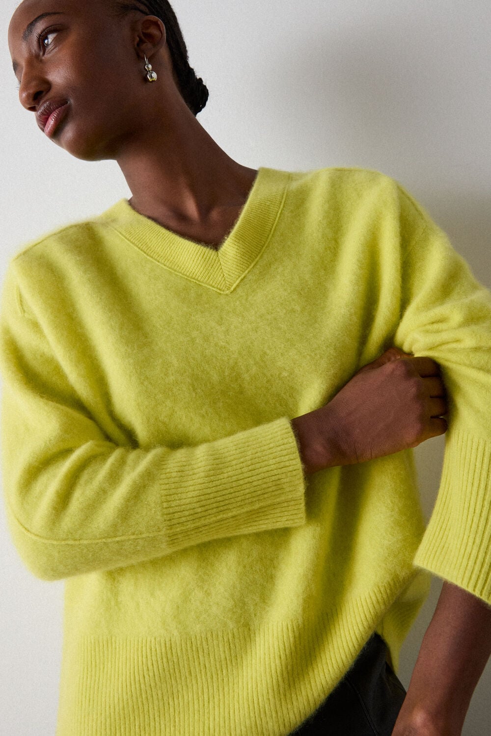 Yellow Brushed Cashmere V Neck Knit