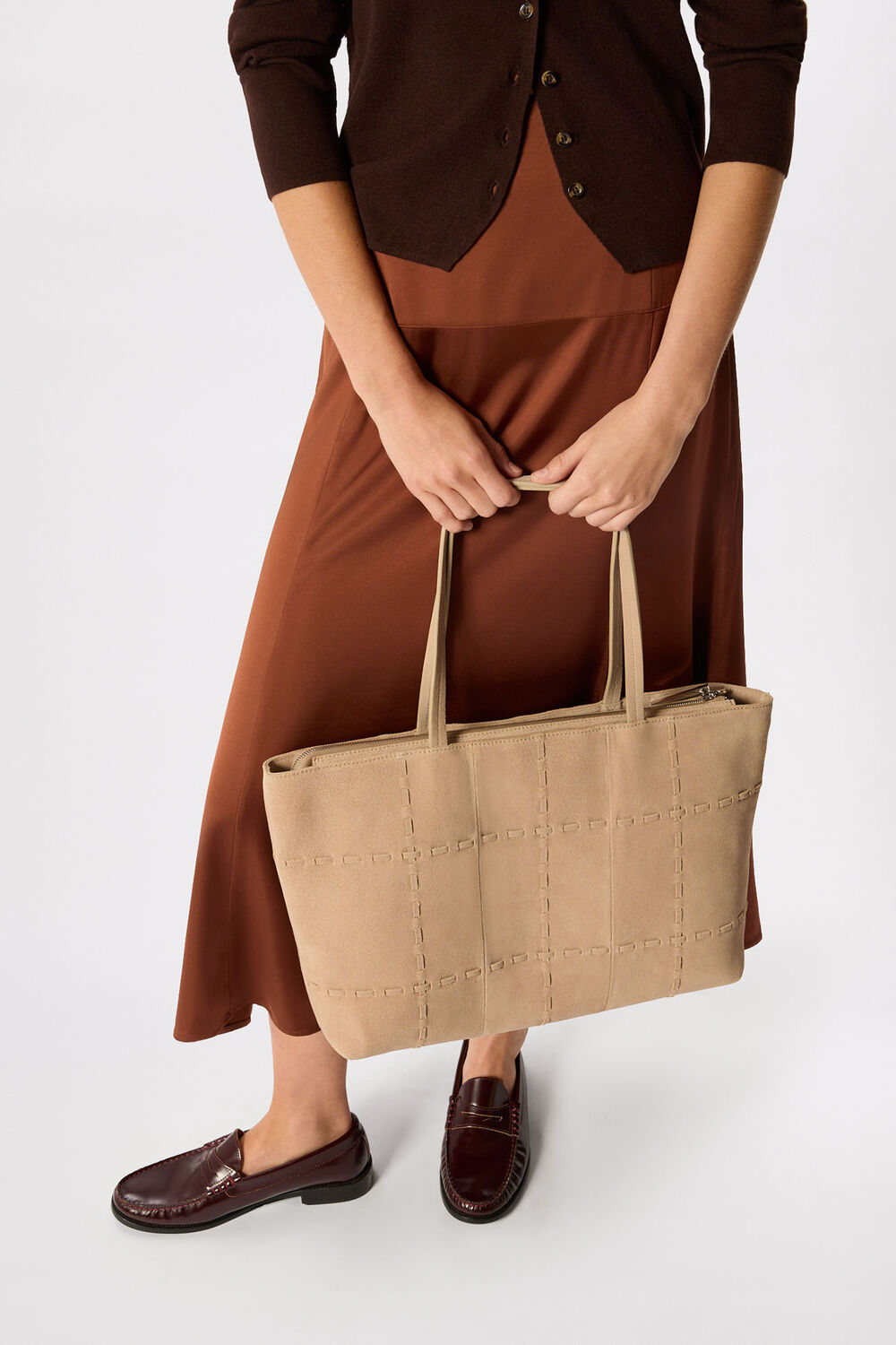Neutral Suede Whipstitch Tote Bag