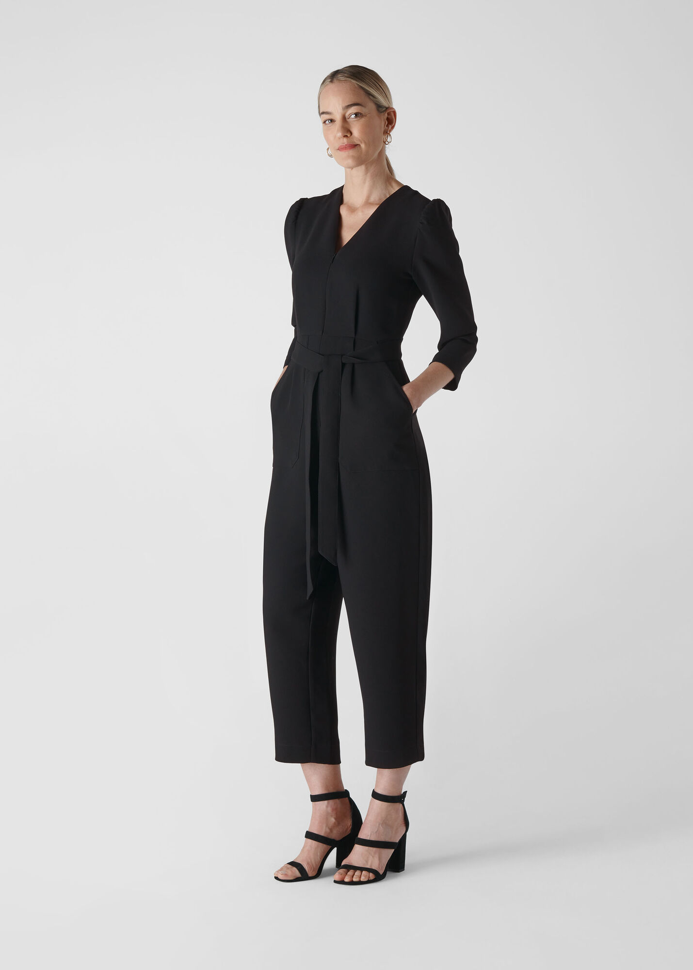 Black Hallie Zip Crepe Jumpsuit WHISTLES Whistles UK