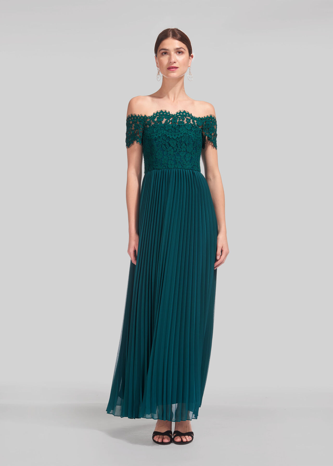 Green Bardot Lace Pleat Maxi Dress | WHISTLES
