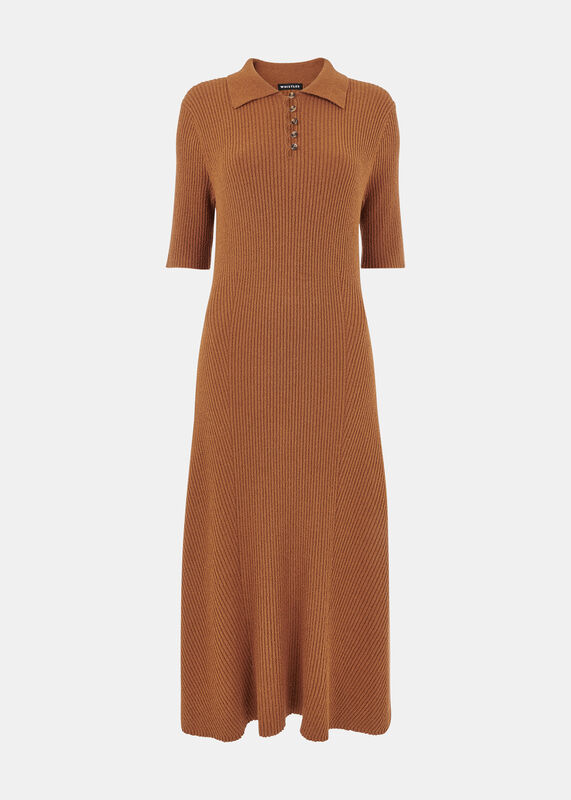 Camel Knitted Ribbed Midi Sweater Dress