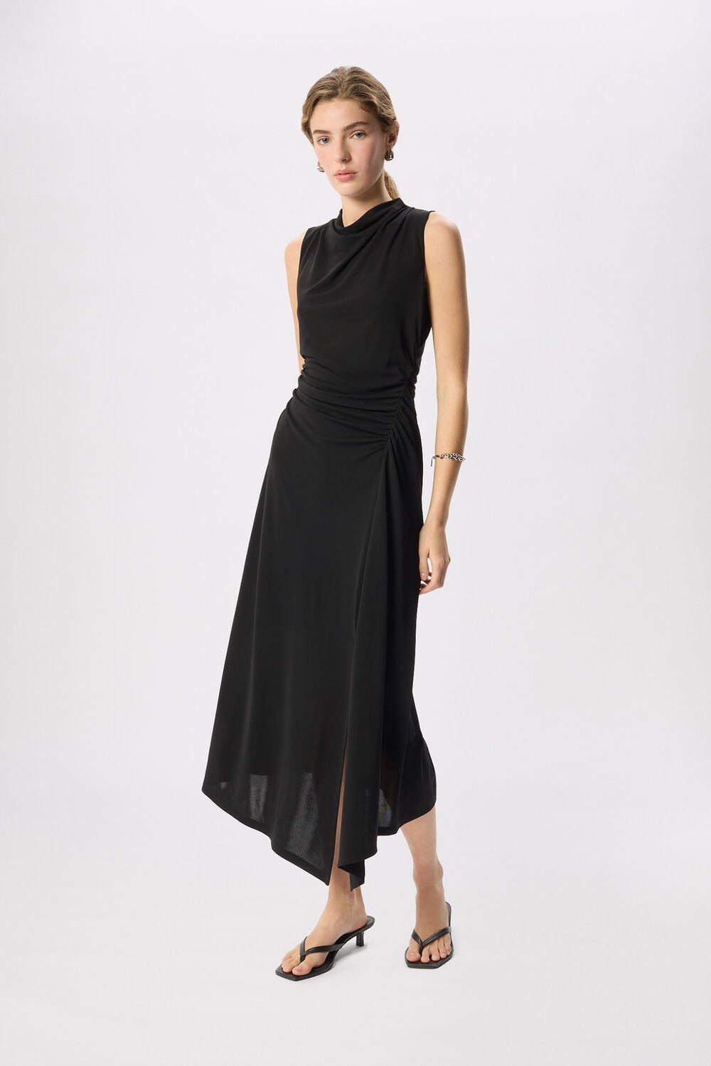Black Ruched Cowl Neck Jersey Dress