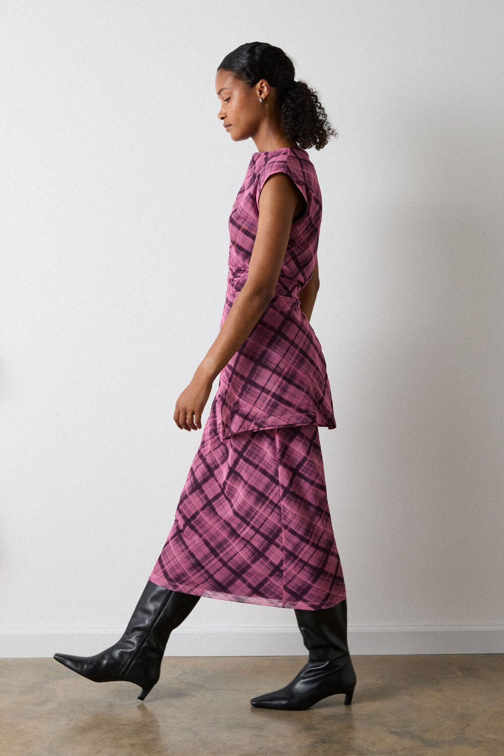 Pink Check Mesh Midi Dress