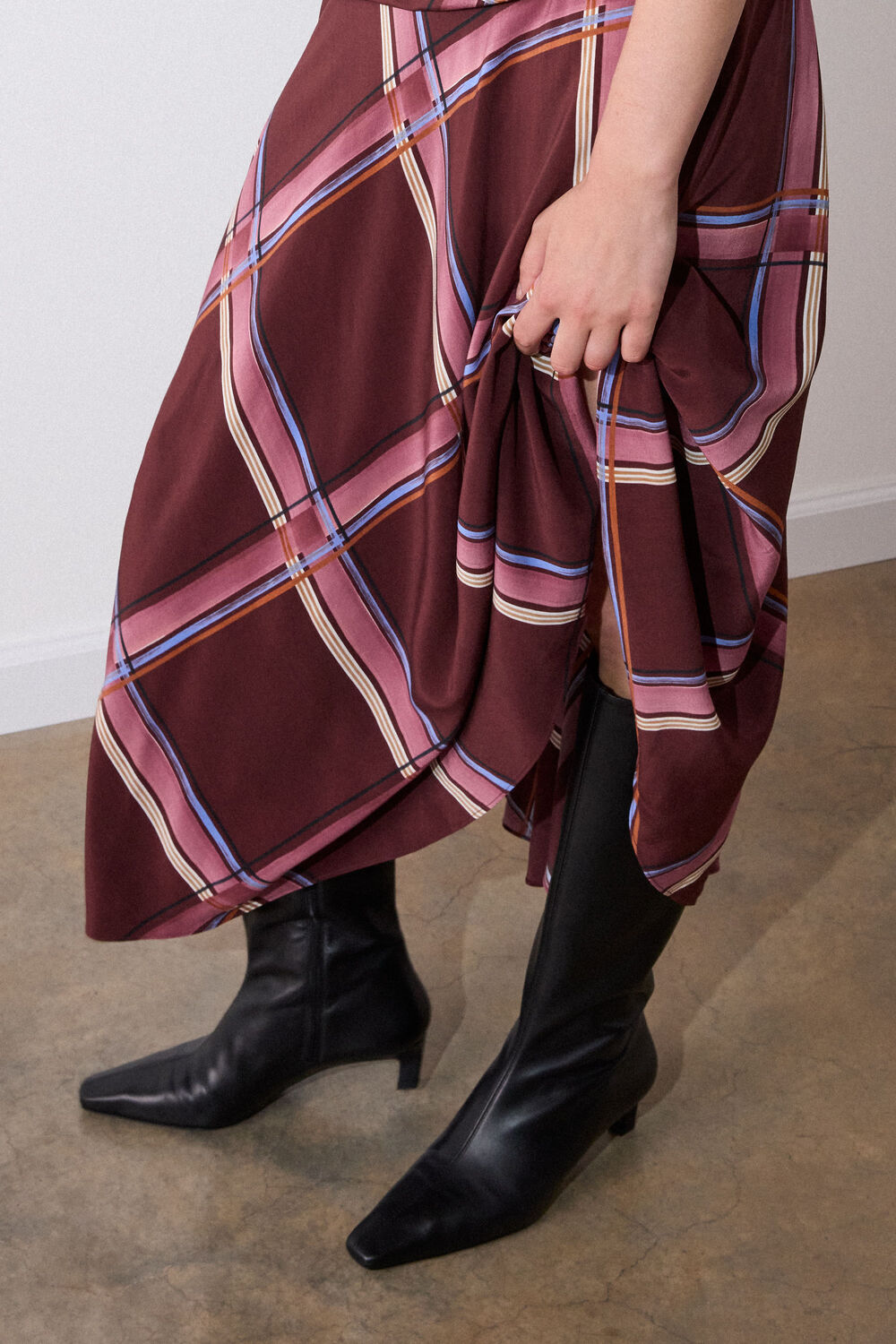 Brown Painted Check Cowl Neck Dress