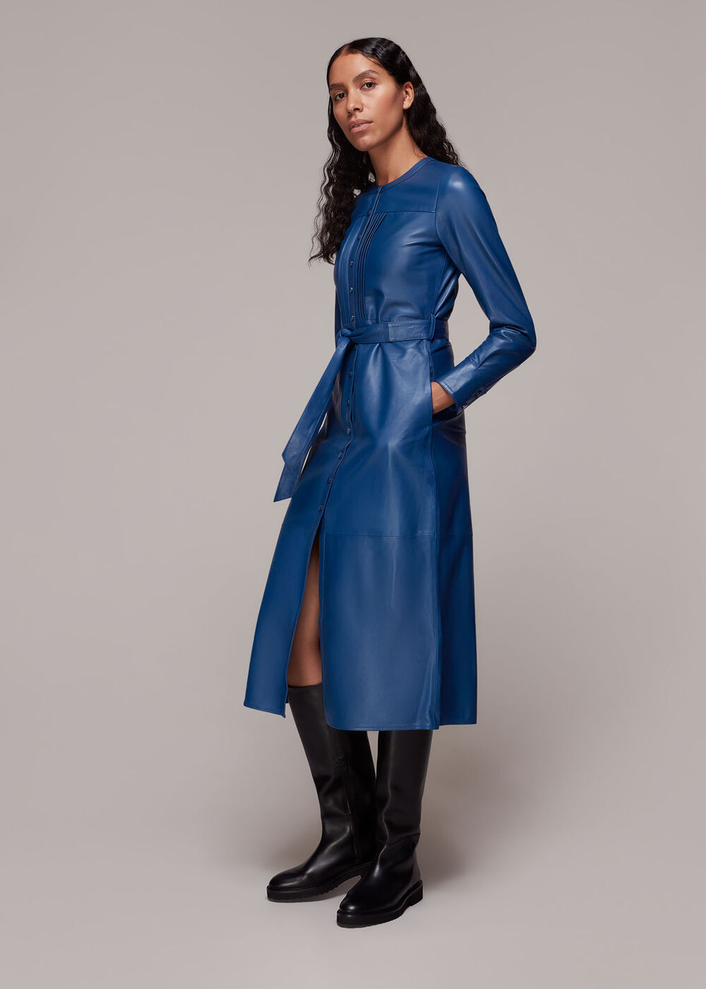 Pintuck Leather Midi Dress