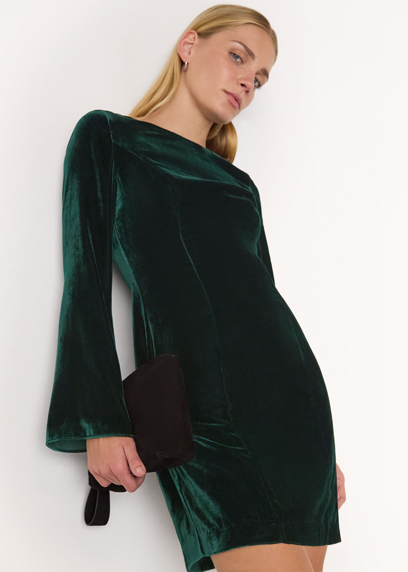 Forest Green Velvet Flare Sleeve Dress | WHISTLES | Whistles US |