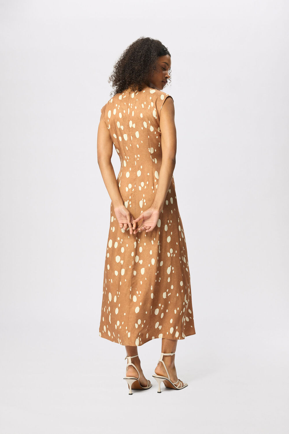 Brown Sleeveless Spot Viscose Midi Dress