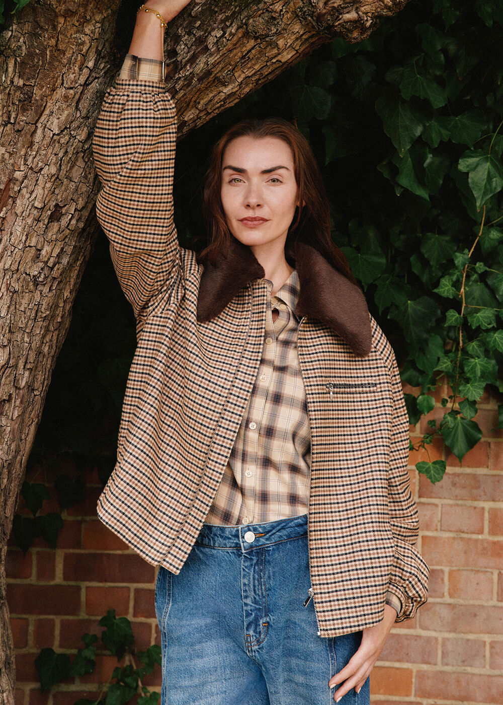 Brown Faux Fur Collar Check Bomber