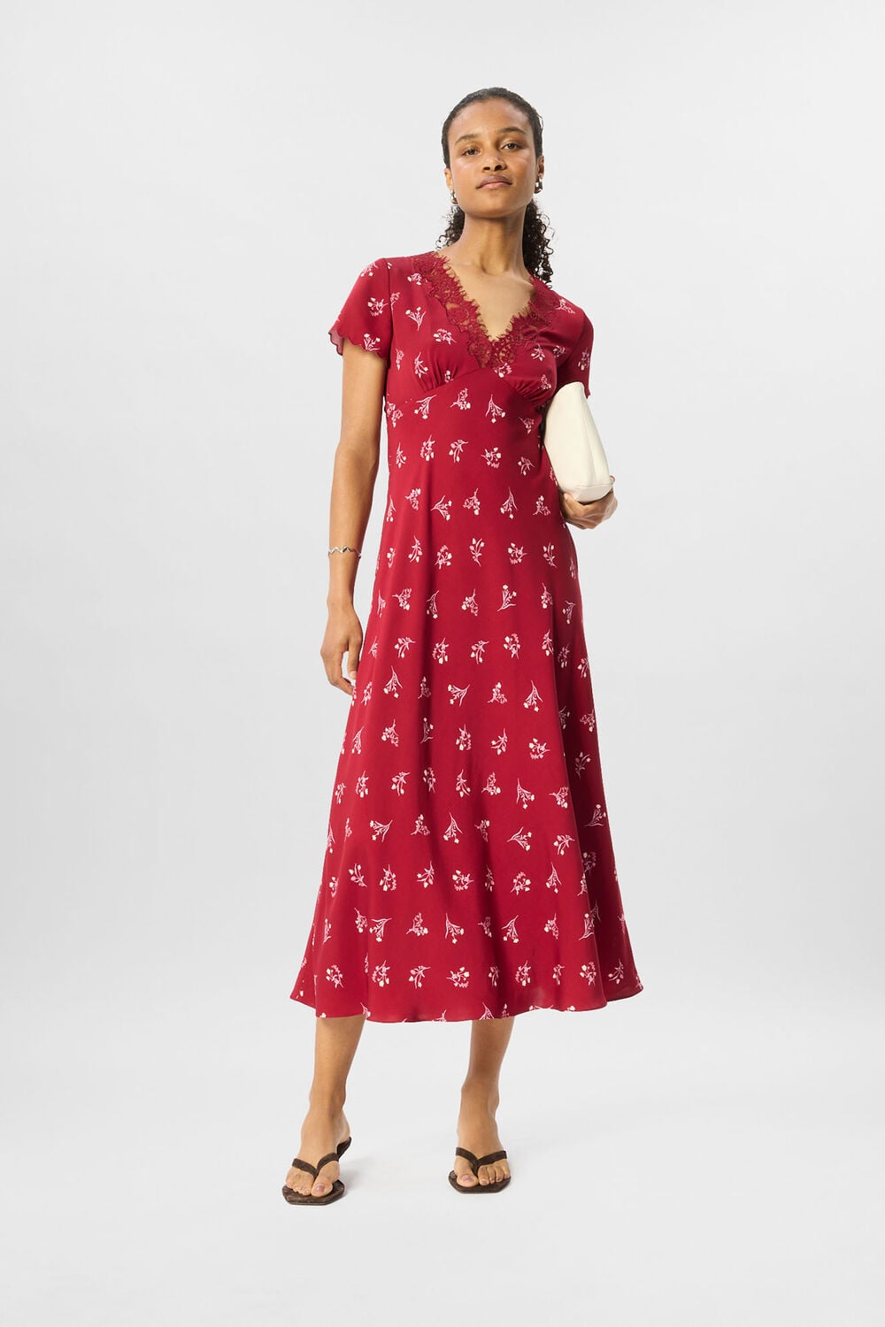 Burgundy Floral Lace Trim Midi Dress