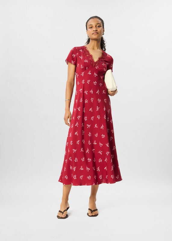 Burgundy Floral Lace Trim Midi Dress