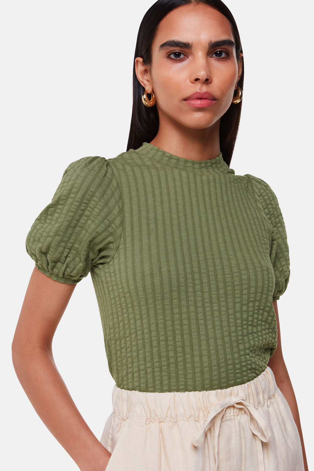 Khaki Textured Puff Sleeve Top