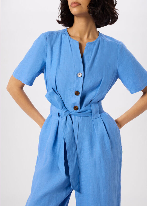 Blue Petite Fiona Linen Button Jumpsuit