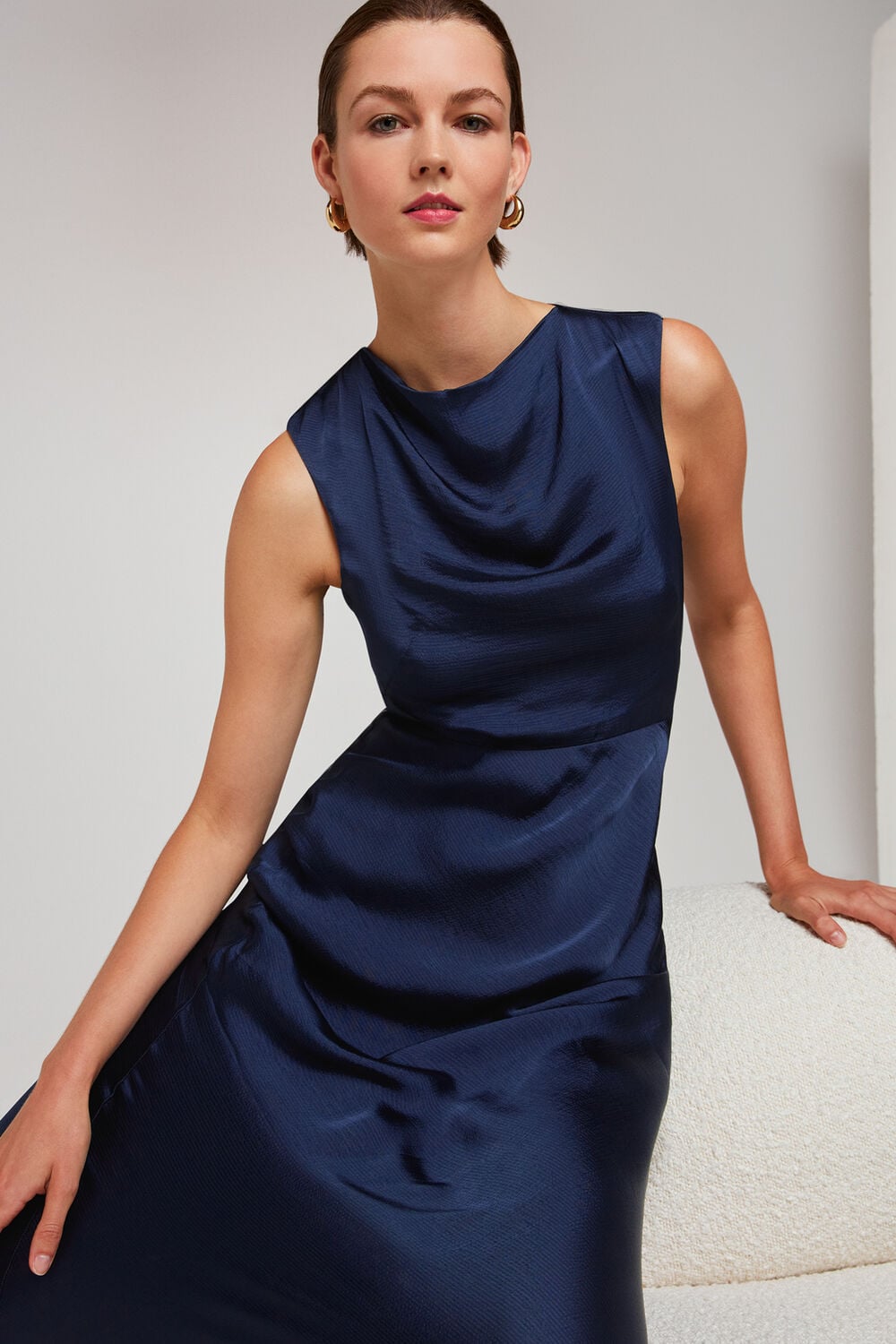 Navy Cowl Neck Satin Maxi Dress