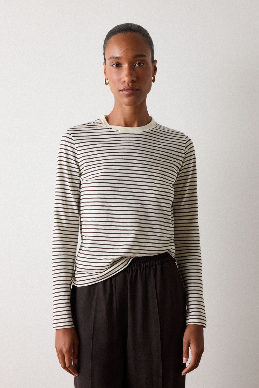 Brown Stripe Crew Neck Pocket Top
