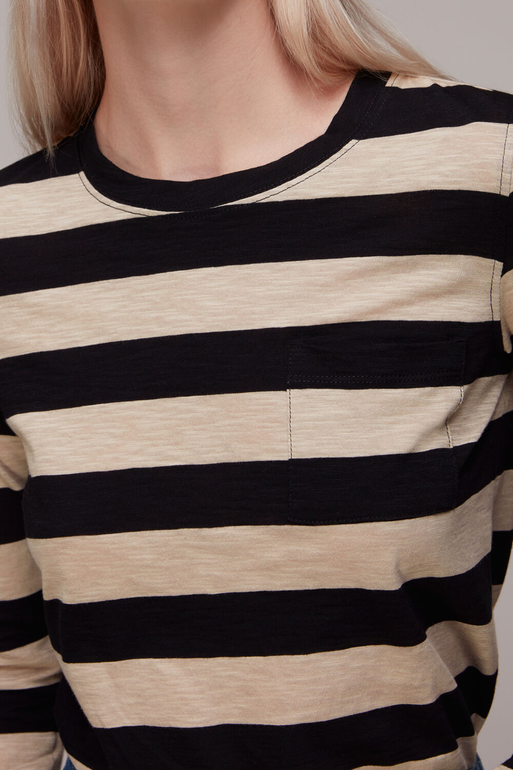 Crew Neck Stripe Pocket Top