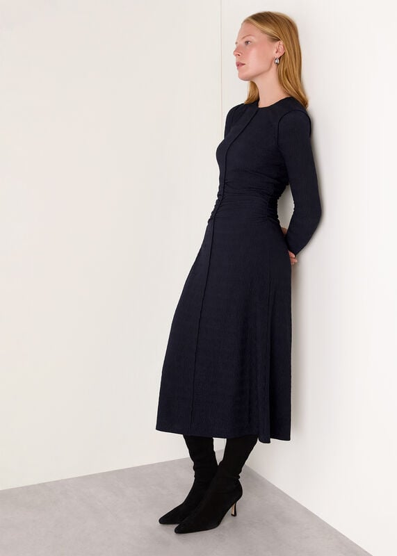 Navy Textured Jersey Ruched Dress