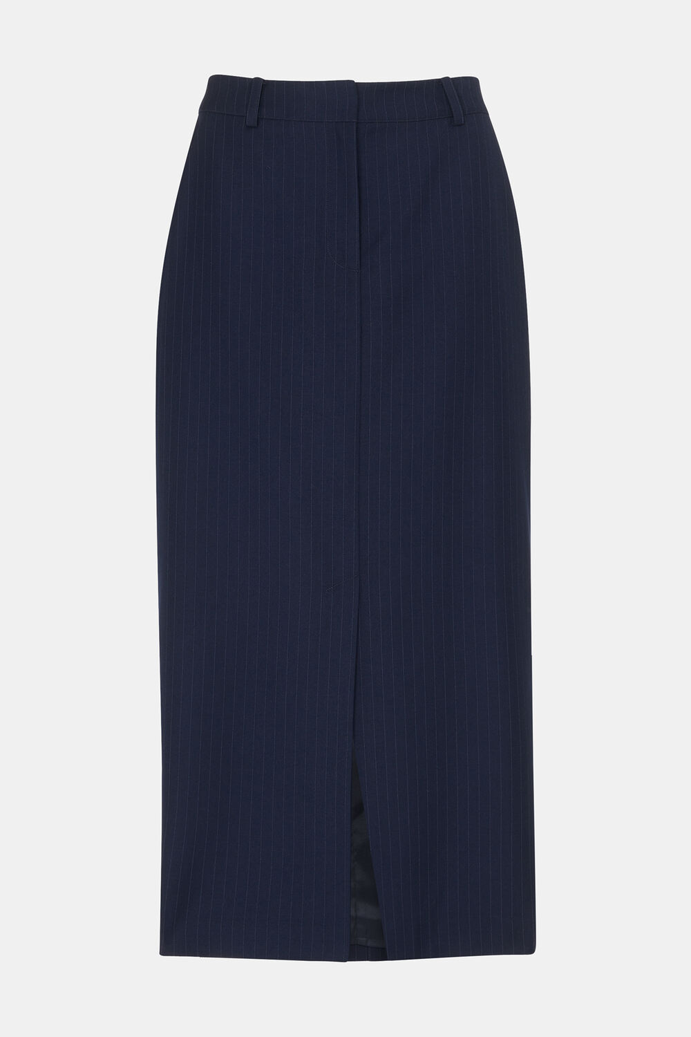 Navy Pinstripe Tailored Midi Skirt