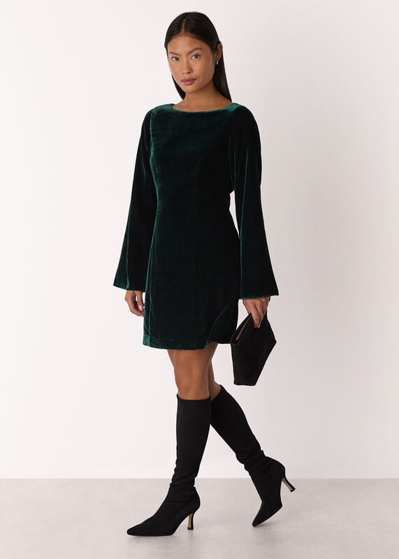 Forest Green Petite Velvet Flare Sleeve Dress