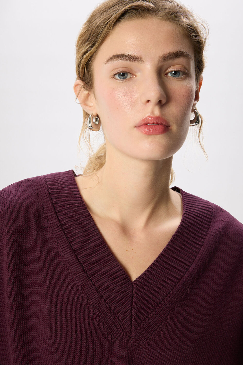 Plum Cotton V Neck Relaxed Knit