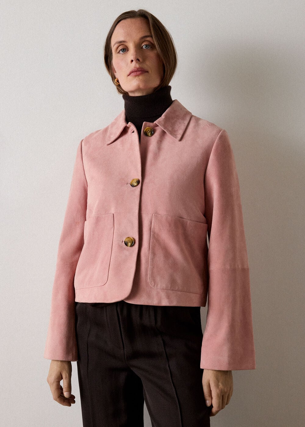 Pink Button Cropped Suede Jacket