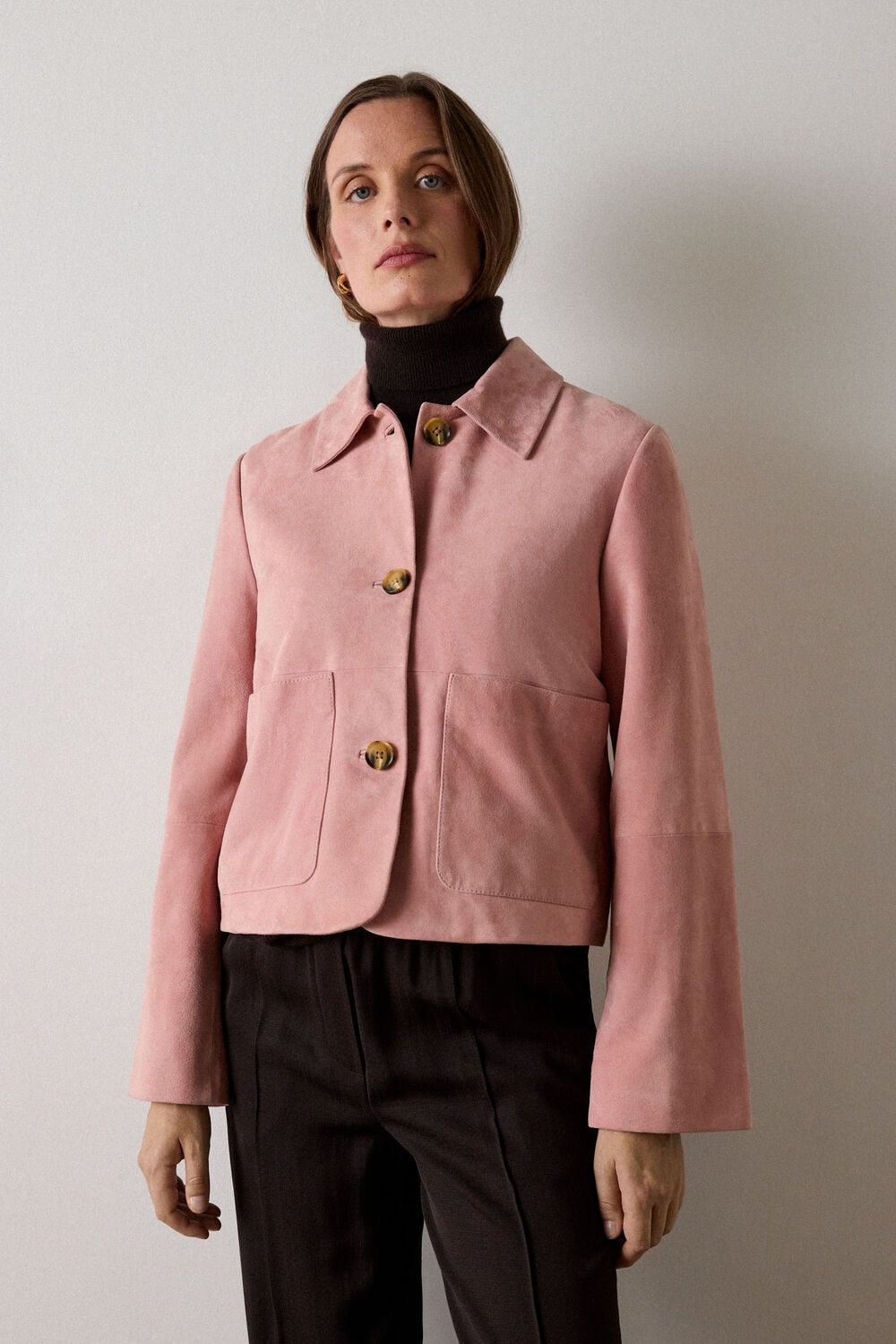 Pink Button Cropped Suede Jacket