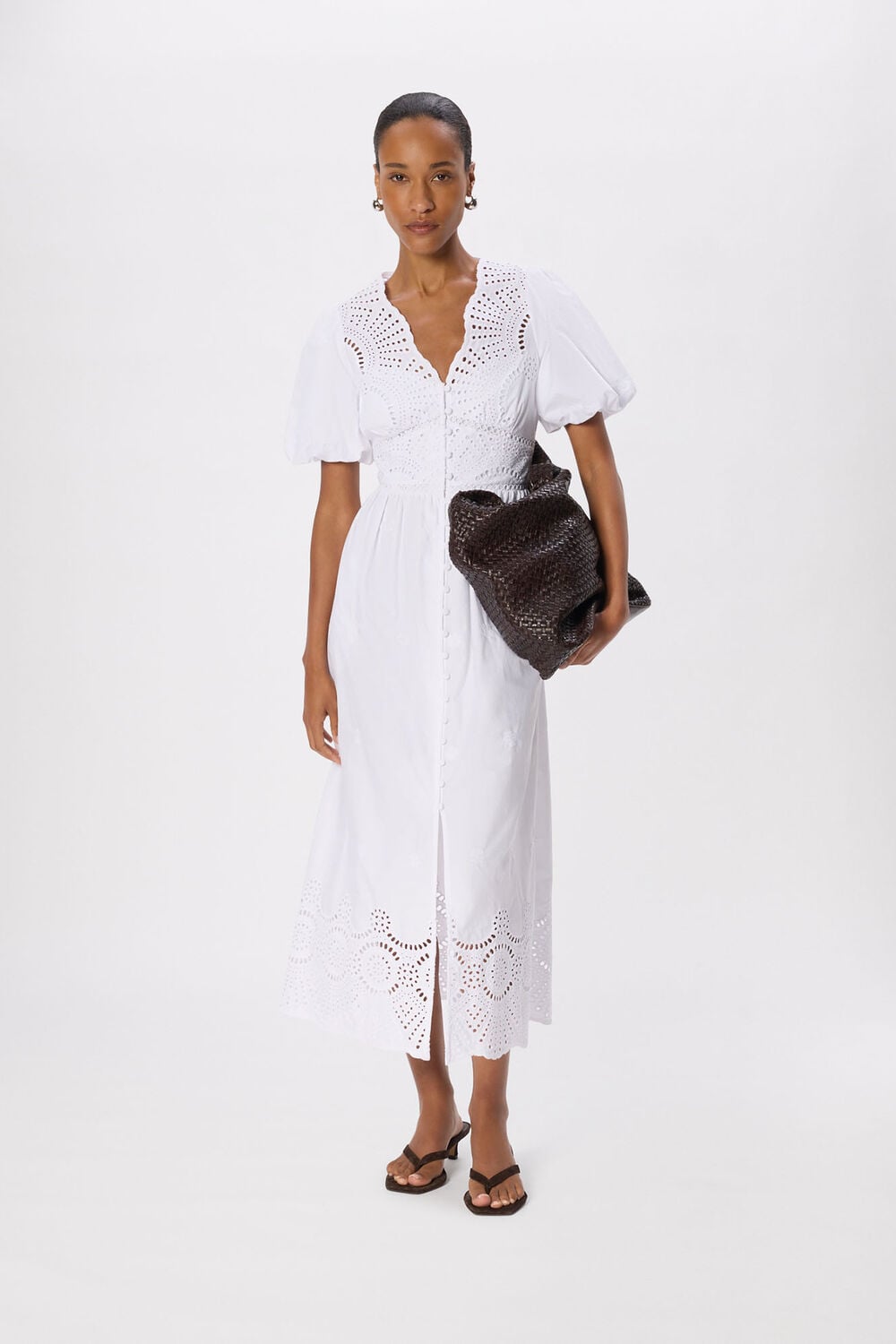 White Cotton Broderie V Neck Dress