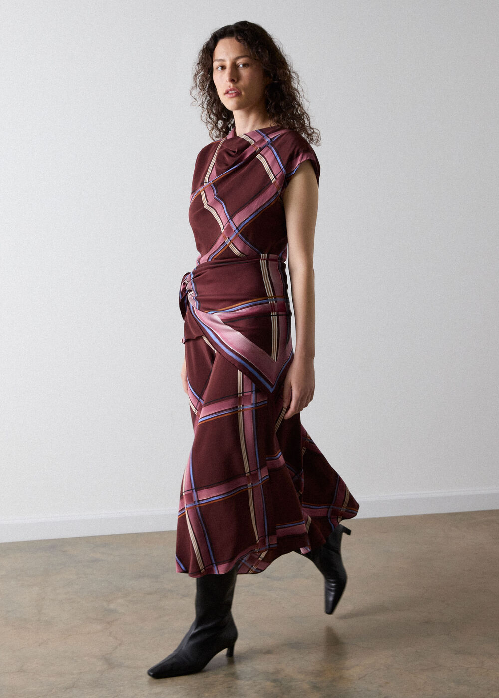 Painted Check Cowl Neck Dress