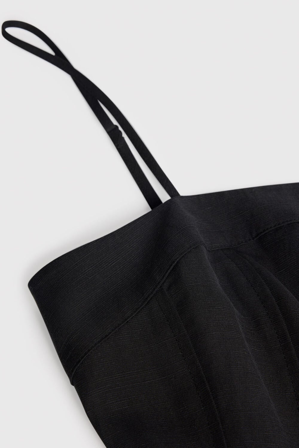 Black Linen Blend Waisted Midi Dress