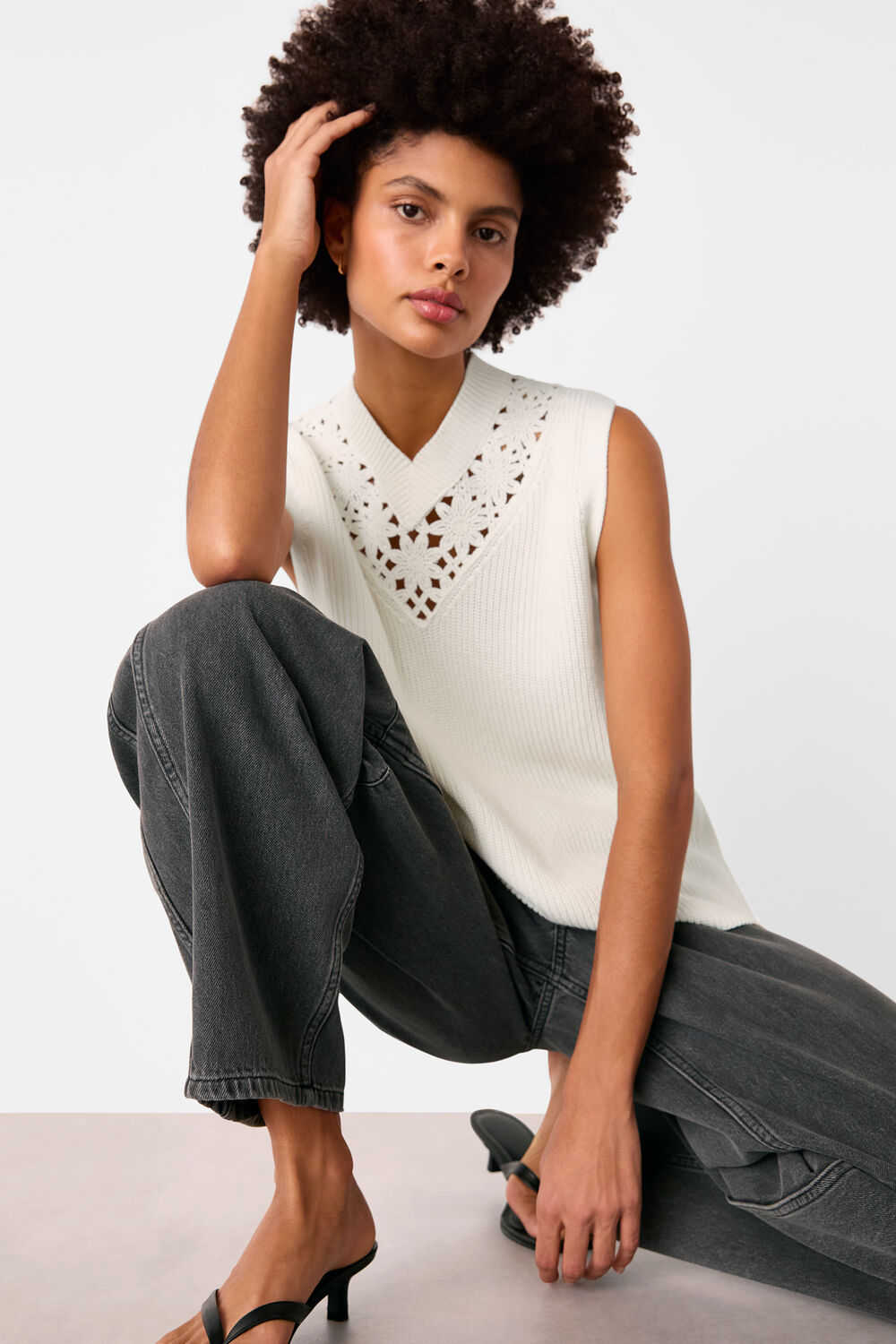 White Floral Crochet V Neck Tank