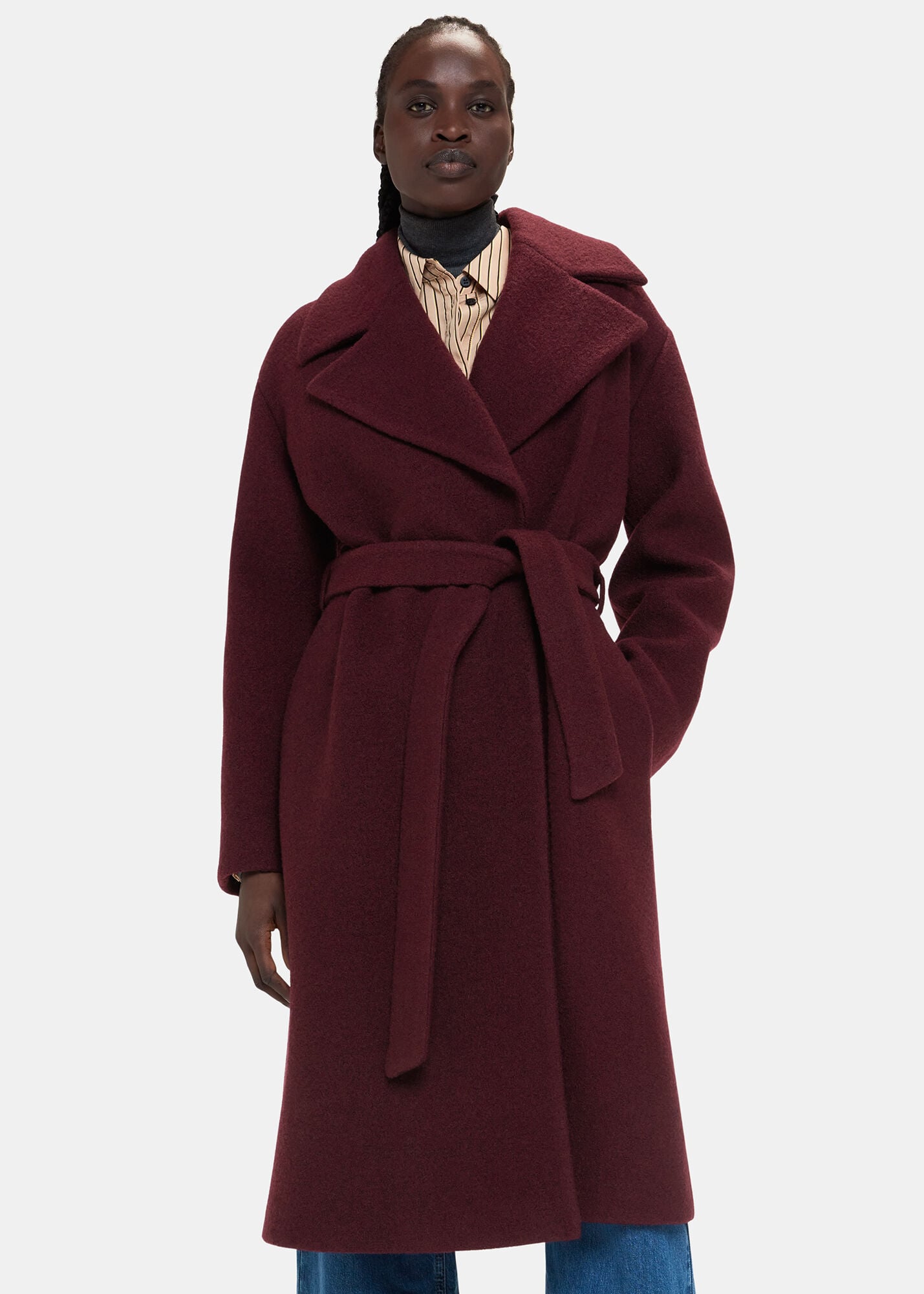Burgundy Wool Wrap Coat | Relaxed Fit | Tie Waist | Whistles