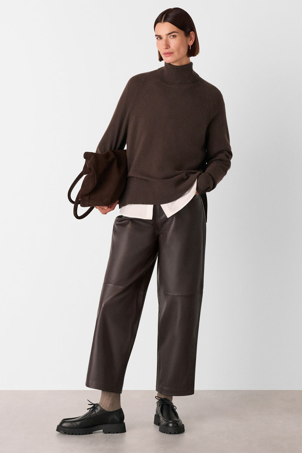 Brown Leather Barrel Leg Trouser