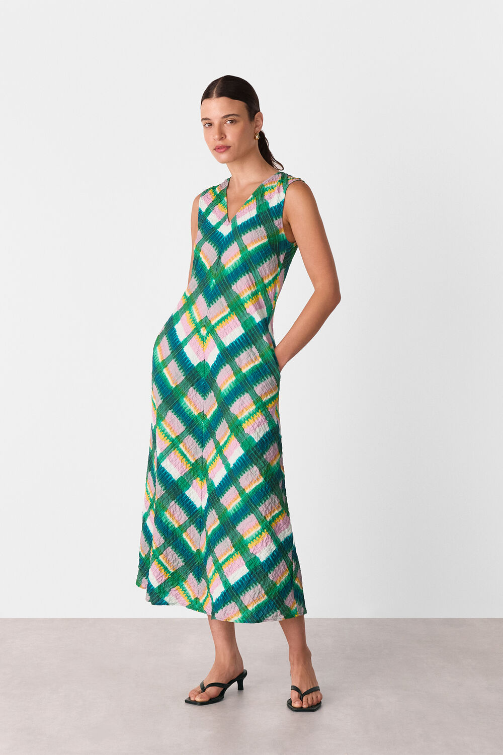 Green Sleeveless Checked Dress
