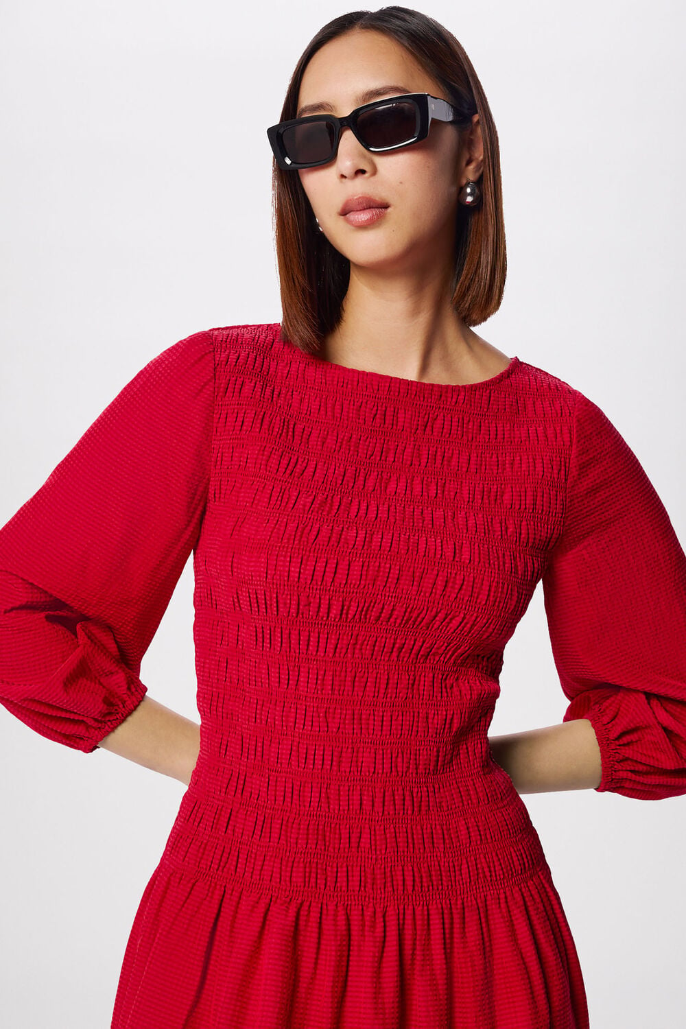 Red Smocked Bodice Midi Dress