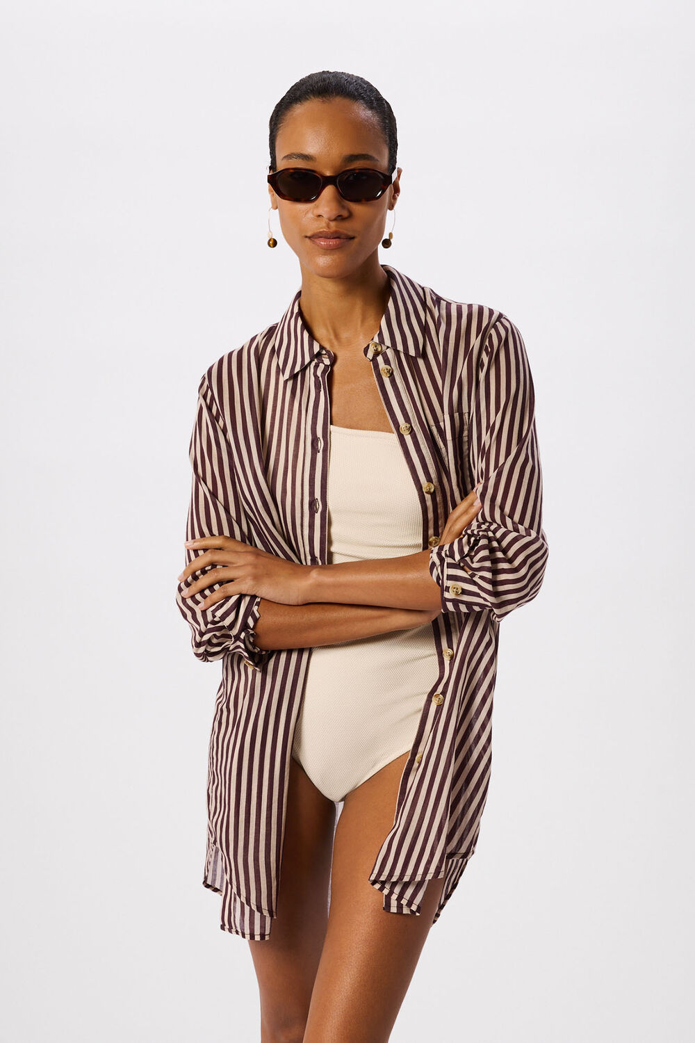 Burgundy Stripe Long Sleeve Beach Shirt