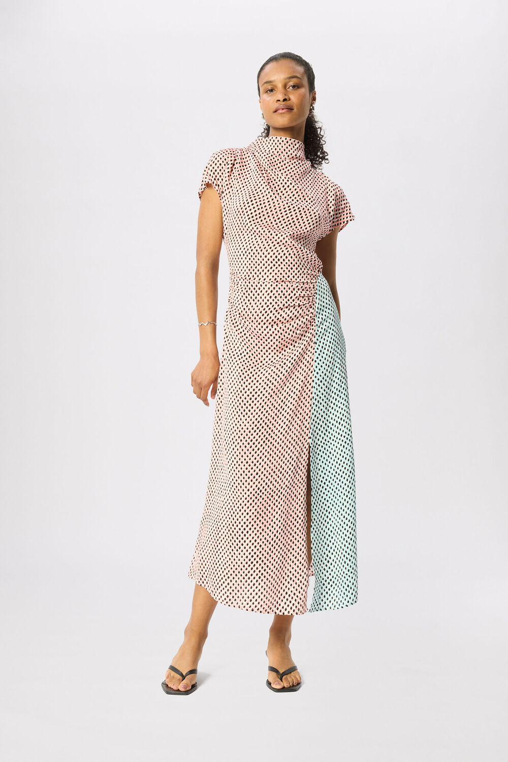 Pink Petite Graphic Check Cowl Neck Dress