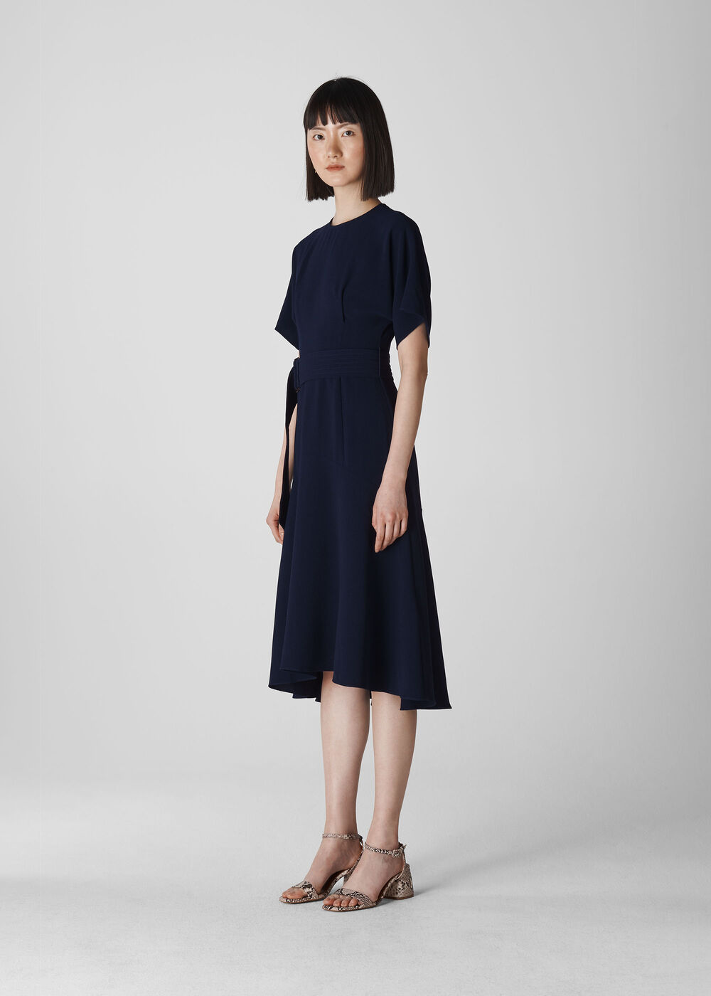 Textured Belted Midi Dress Navy