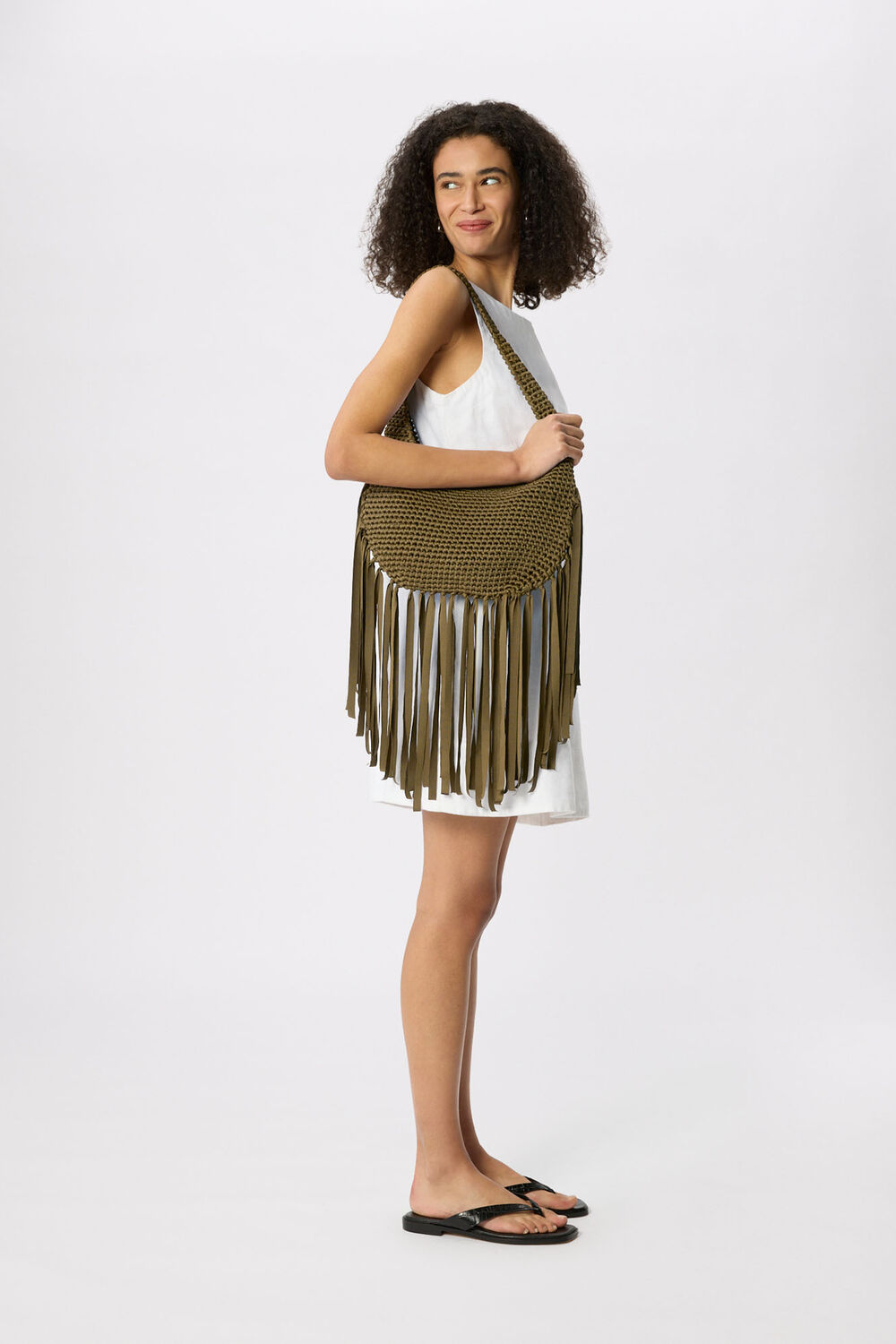 Khaki Adaline Fringe Crochet Bag