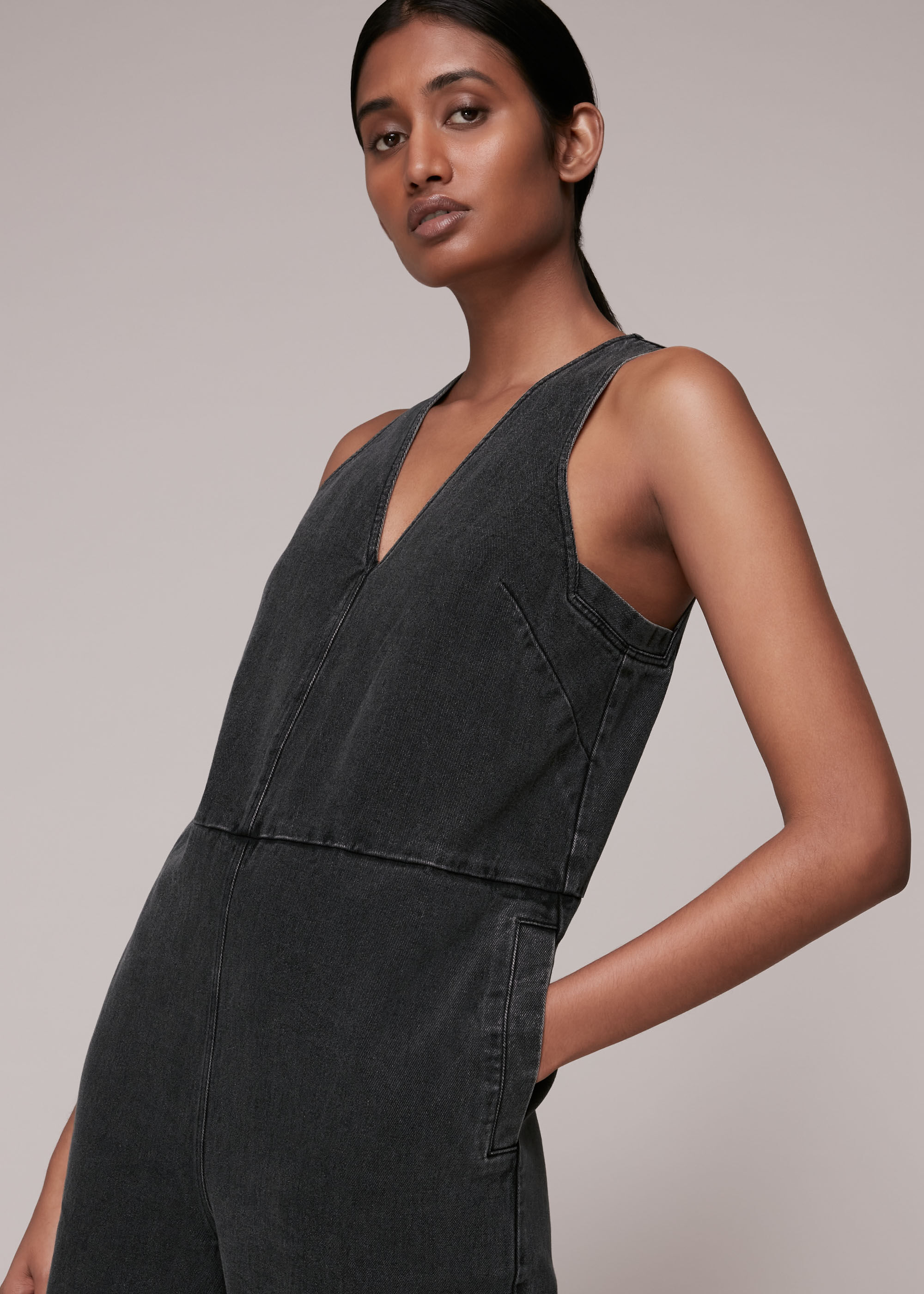 V neck denim jumpsuit store