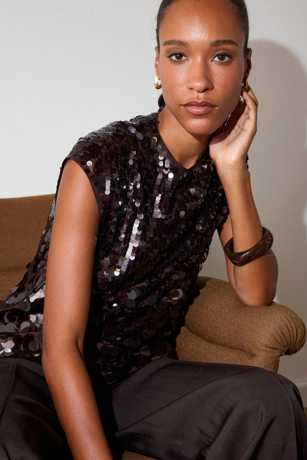 Chocolate Degrade Sequin Cap Sleeve Top